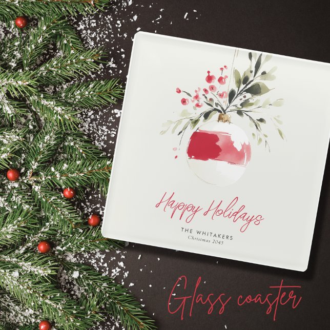 Christmas Watercolor Ornament Personalized Name Glasuntersetzer (Perfect for festive entertaining and décor. Customize greeting, name, and year.)