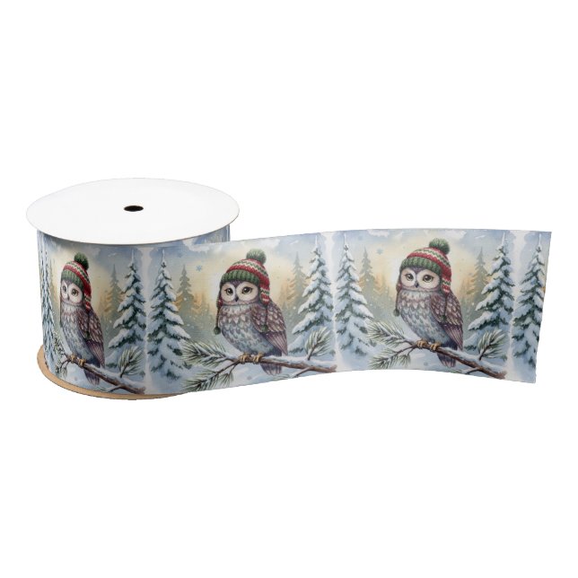 Christmas Watercolor Owl In a Winter Hat Satinband (Spule)