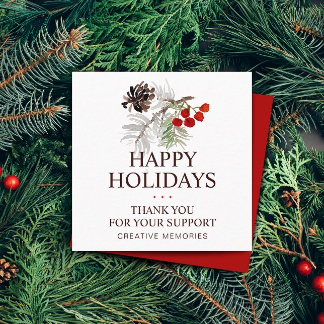 Christmas Watercolor Pine Cone Berries Vielen Dank Quadratische Visitenkarte (Christmas Watercolor Pine Cone Berries Thank You Square Business Card)