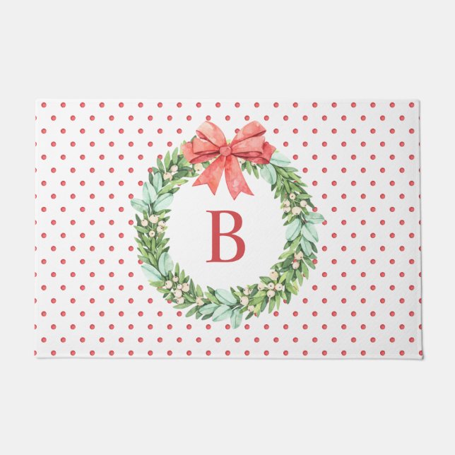 Christmas Watercolor Polka Dot Wreath Monogram Fußmatte (Vorderseite)