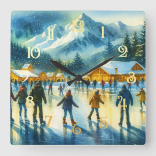 Christmas Watercolor Resort Ice Skaten Quadratische Wanduhr