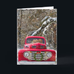 Christmas Wedding Anniversary Feiertagskarte<br><div class="desc">Pair of golden retrievers in a red vintage pickup truck in winter woods.</div>