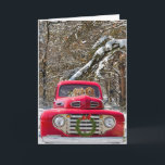 Christmas Wedding Anniversary Feiertagskarte<br><div class="desc">Pair of golden retrievers in a red vintage pickup truck in winter woods.</div>