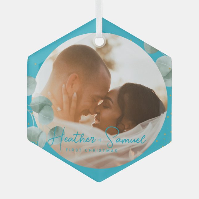 Christmas Wedding Keepsake Elegant Script photo Ornament Aus Glas (Vorderseite)