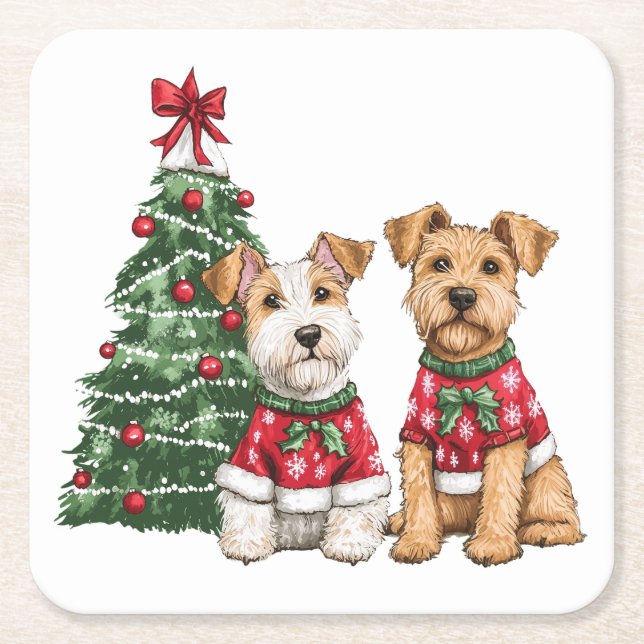 Christmas Welsh Wire Fox Terrier Hunde Rechteckiger Pappuntersetzer (Vorderseite)