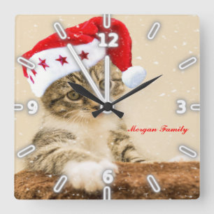 Christmas, Whimsical Cat Whit Santa Hat Quadratische Wanduhr
