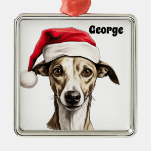 CHRISTMAS WHIPPET HUND MIT WEIHNACHTSMANNMÜTZE ORNAMENT AUS METALL