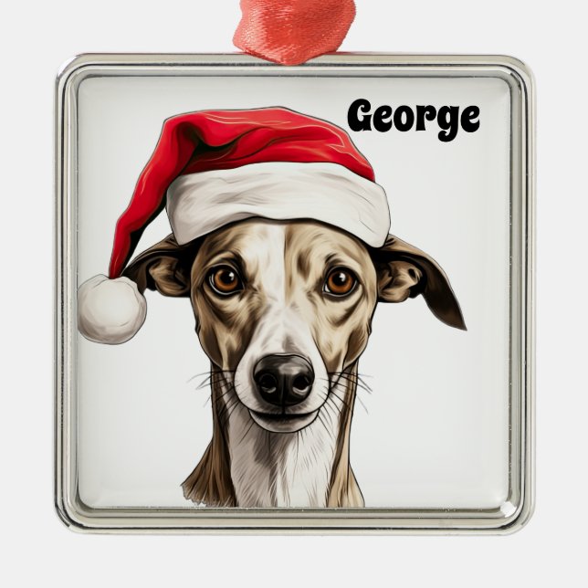 CHRISTMAS WHIPPET HUND MIT WEIHNACHTSMANNMÜTZE ORNAMENT AUS METALL (Vorne)