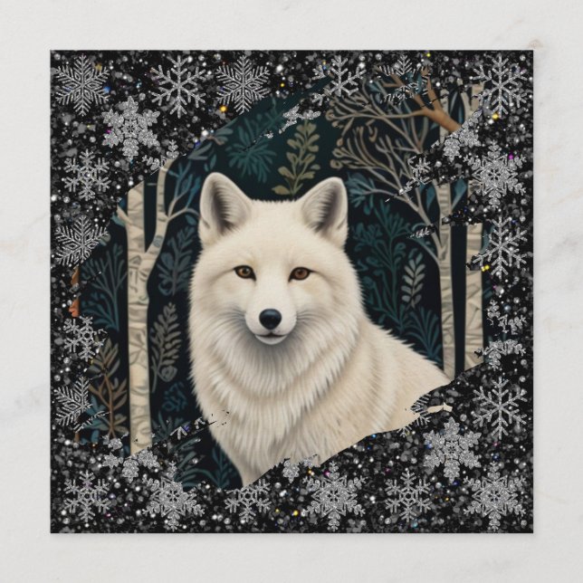 Christmas white fox white wolf sparkling snowflake einladung (Vorderseite)