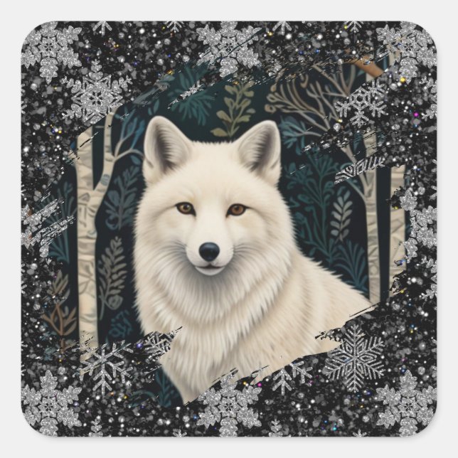 Christmas white fox white wolf sparkling snowflake quadratischer aufkleber (Vorderseite)