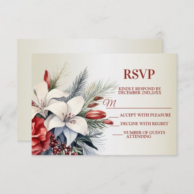 Christmas White Red Flowers Holidays Elegant RSVP Karte (Vorne/Hinten)