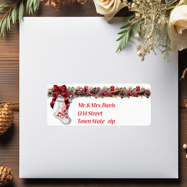 Christmas White Strumpf Red Satin Ribbon Adressaufkleber (Von Creator hochgeladen)