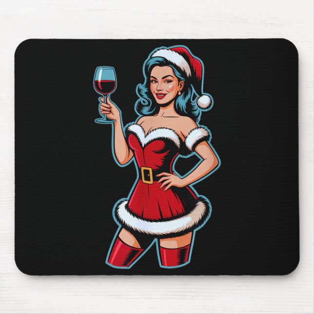 Christmas Wine Santa Girl Holiday Party Funny Vint Mousepad (Vorne)