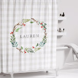 Christmas Winter Berries Wreath Monogram Duschvorhang<br><div class="desc">Maßgeschneiderter Duschvorhang für die Feiertage mit Aquarellen Weihnachtskranz-Design auf rustikalen modernen Bauernhaus Büffel Karo Muster.</div>