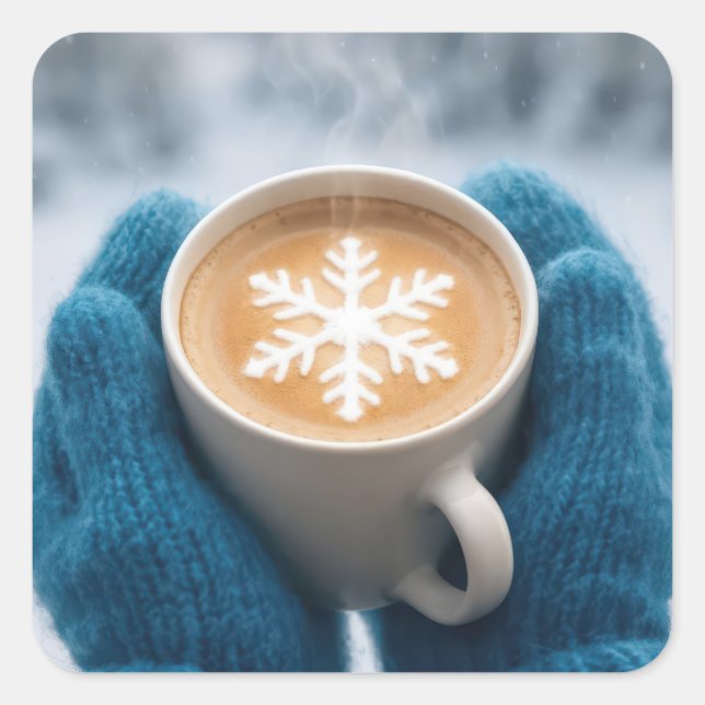 Christmas Winter Coffee With Mittens and Snowflake Quadratischer Aufkleber (Vorderseite)