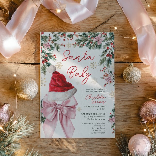  Christmas Winter Coquette Bow Santa Baby Shower Einladung (Christmas Winter Coquette Bow Santa Baby Shower Invitation)