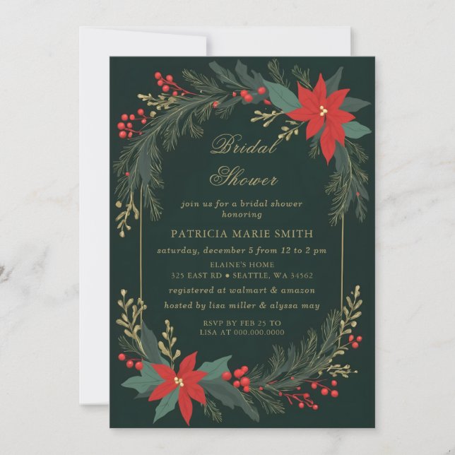 Christmas Winter Floral Green Gold Bridal Shower Einladung (Vorderseite)