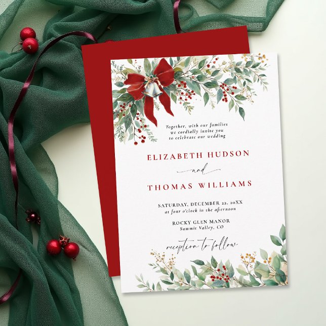 Christmas Winter Greenery Bow Bells Rustic Wedding Einladung (christmas wedding invitation card template design winter greenery bells watercolor botanical rustic )
