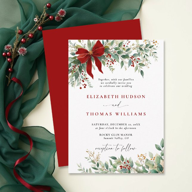 Christmas Winter Greenery Bow Red Rustic Wedding Einladung (christmas wedding invitation card template design winter greenery watercolor botanical rustic chic)