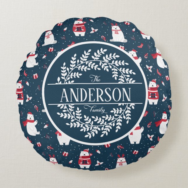 CHRISTMAS WINTER POLAR BEAR FAMILIE MONOGRAM RUNDES KISSEN (Vorderseite)