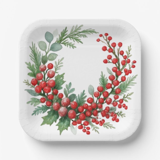 Christmas winter red berries with greenery pappteller (Vorderseite)