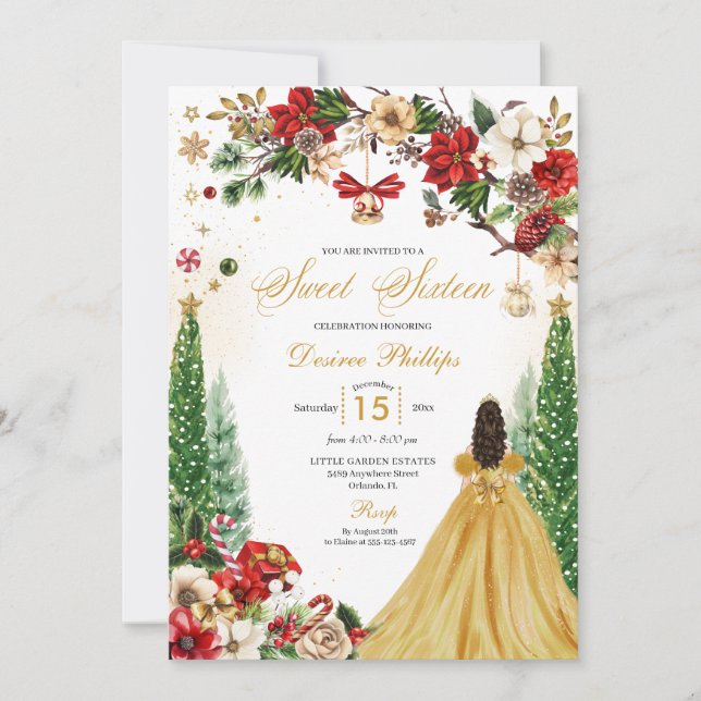 Christmas Winter Red Gold Poinsettia 16 . Geburtst Einladung (Vorderseite)