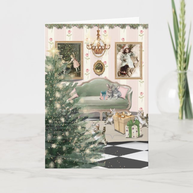 Christmas with Cats and Bunnies Greeting Card Karte (Vorderseite)