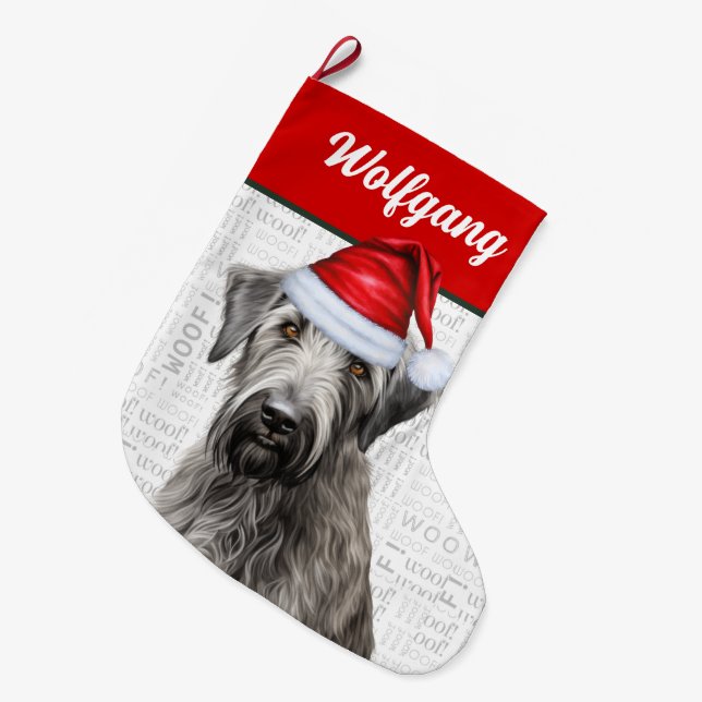 Christmas Wolfhound with Name Woof Background Großer Weihnachtsstrumpf (Vorderansicht (hängend))