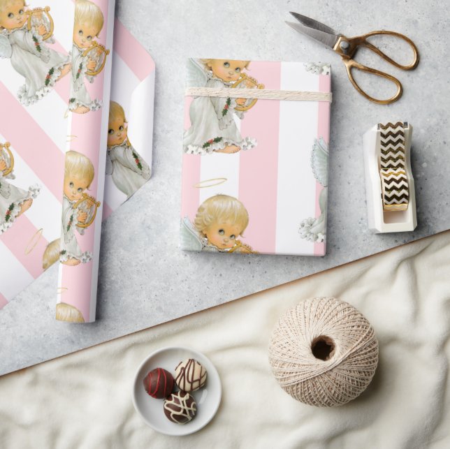 Christmas Wrapping Pink & White Stripe Angel Baby Geschenkpapier (Kunsthandwerk)