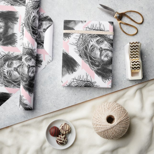 Christmas Wrapping Pink &White Stripe Jesus Christ Geschenkpapier (Kunsthandwerk)
