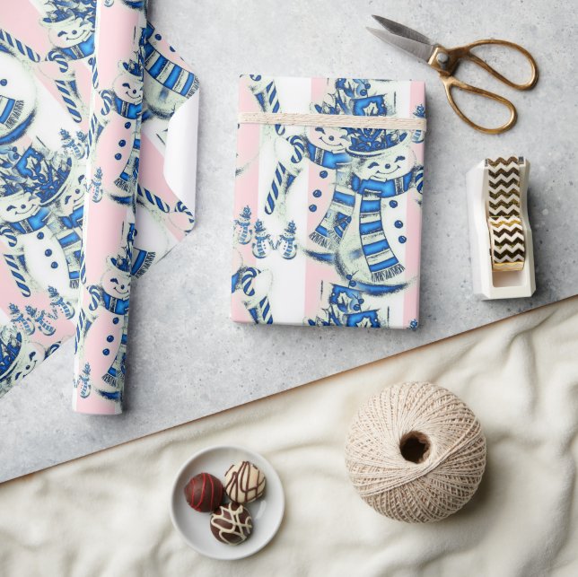 Christmas Wrapping Pink & White Stripe Snowman Geschenkpapier (Kunsthandwerk)