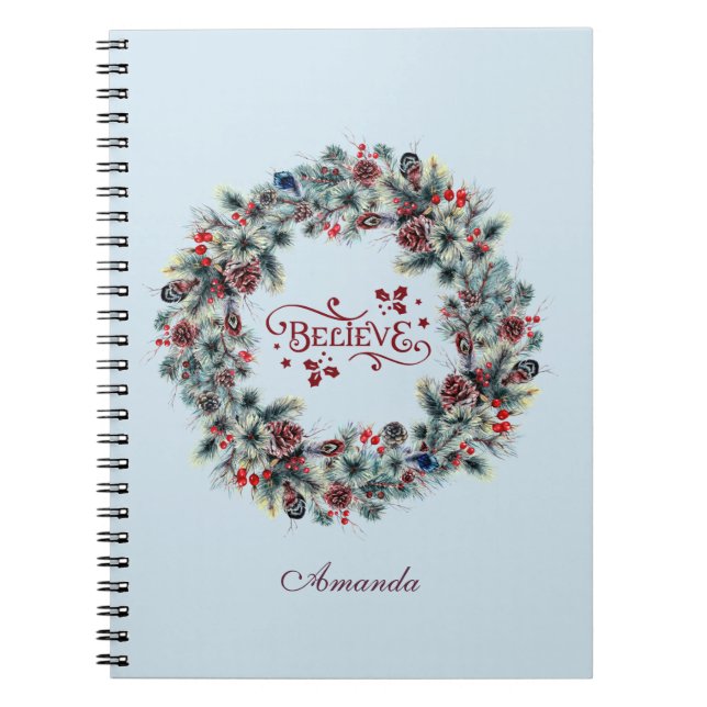 Christmas Wreath BELIEVE Typografie Notizblock (Vorderseite)