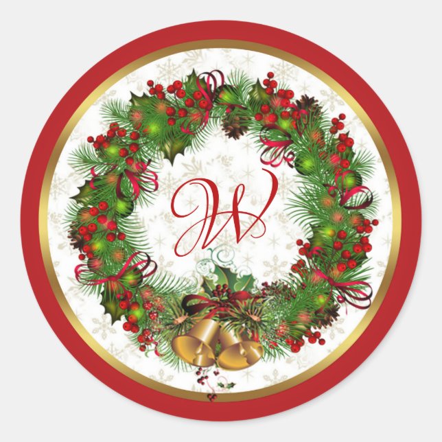 Christmas Wreath Bells Holly Pine Monogram Runder Aufkleber (Vorderseite)