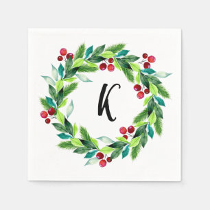 Christmas Wreath Berries Monogram Serviette