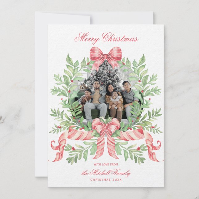 Christmas Wreath Candy Cane Bow | Photo Card Save The Date (Vorderseite)