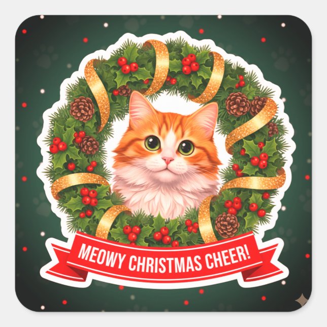Christmas Wreath Cat Sticker – Cute Festive Kitty (Vorderseite)