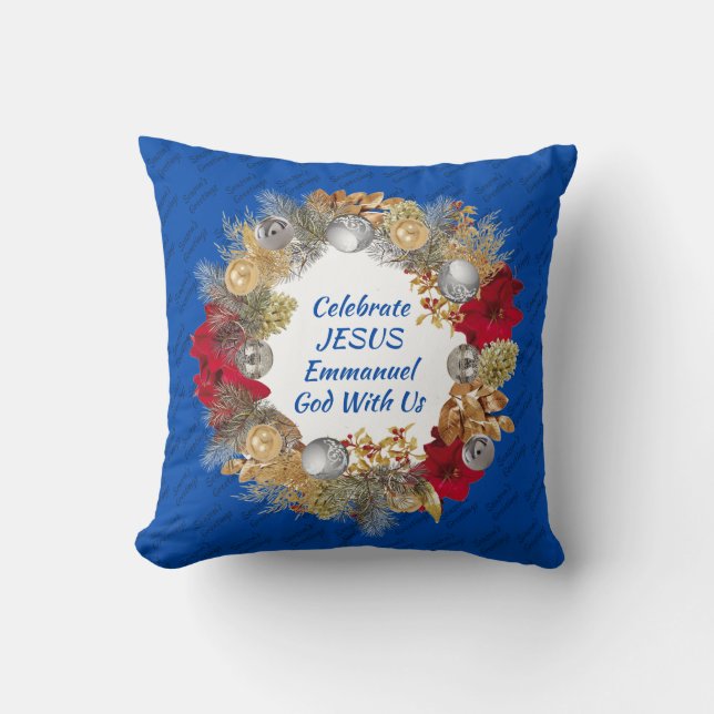 Christmas Wreath CELEBRATE JESUS Cobalt Blue Kissen (Vorderseite)
