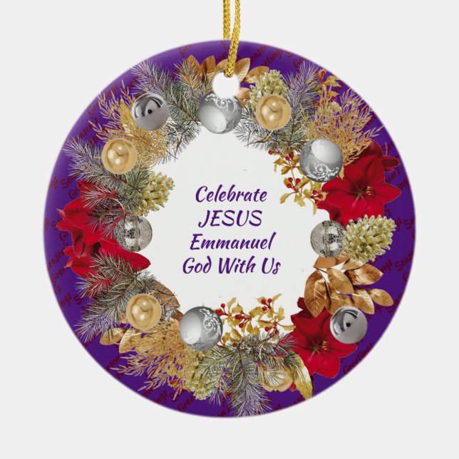Christmas Wreath Custom Lila CELEBRATE JESUS Keramik Ornament (Vorne)