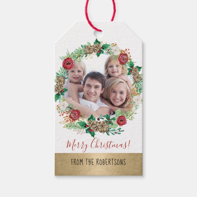 Christmas Wreath Gol Peony Rose Blumenfoto Geschenkanhänger (Vorderseite)