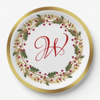 Christmas Wreath Green Holly Verlasst Red Berry Pappteller