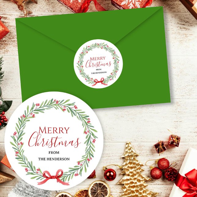 Christmas Wreath Happy Holidays Family Name Runder Aufkleber (Von Creator hochgeladen)