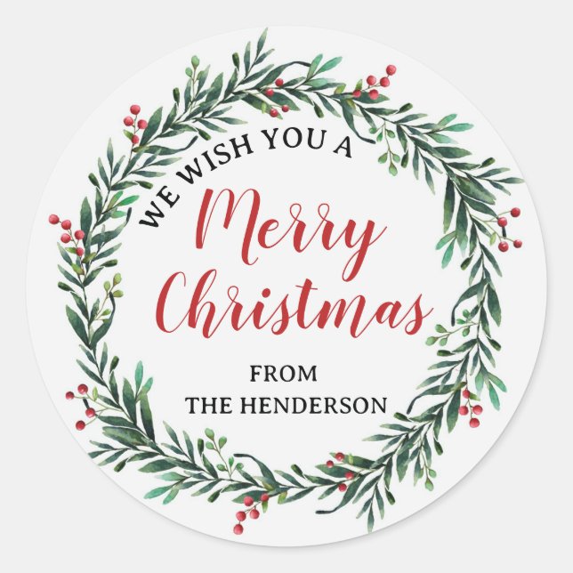 Christmas Wreath Happy Holidays Family Name Runder Aufkleber (Vorderseite)