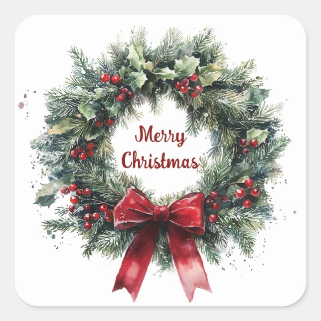 Christmas Wreath Holly Leaves Red Bow Greenery  Quadratischer Aufkleber (Vorderseite)