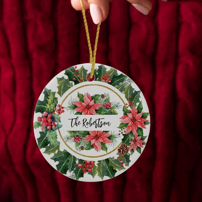 Christmas Wreath Holly Poinsettia Family Foto Keramik Ornament (Christmas Wreath Holly Poinsettia Family Photo Ceramic Ornament)