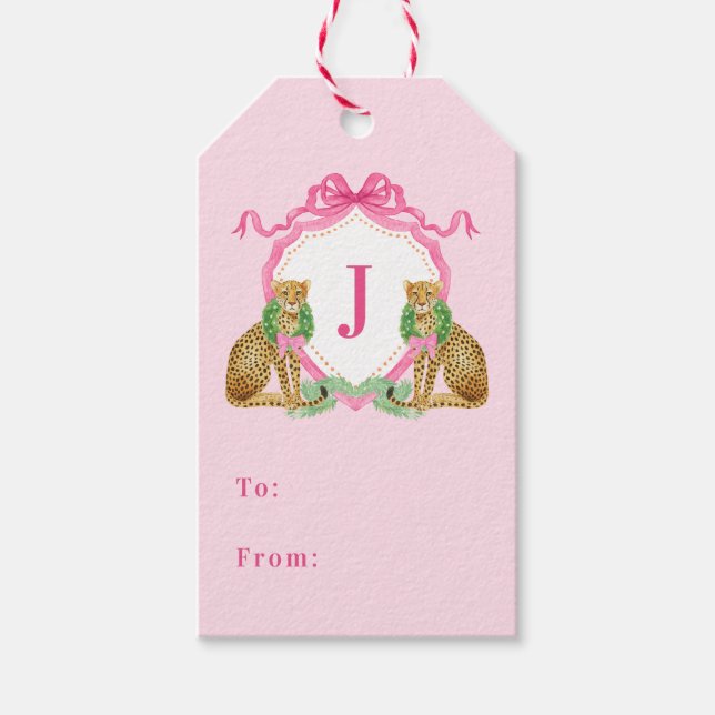 Christmas Wreath Leopard Crest Monogram  Geschenkanhänger (Vorderseite)