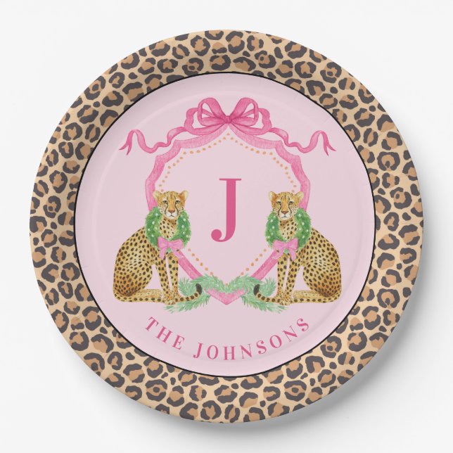 Christmas Wreath Leopard Crest Monogram  Pappteller (Vorderseite)