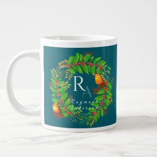 Christmas Wreath Monogram Ocean Blue Jumbo-Tasse