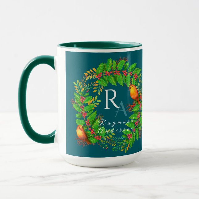 Christmas Wreath Monogram Ocean Blue Tasse (Links)