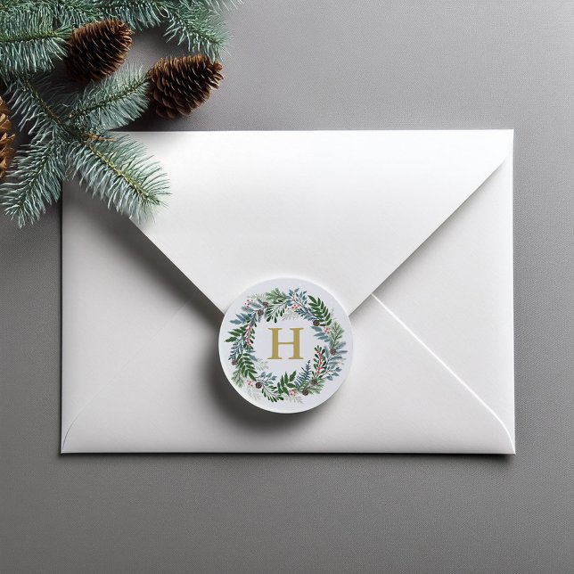 Christmas Wreath Monogram Runder Aufkleber (Von Creator hochgeladen)