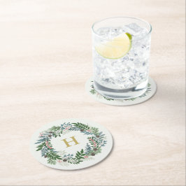 Christmas Wreath Monogram Runder Pappuntersetzer